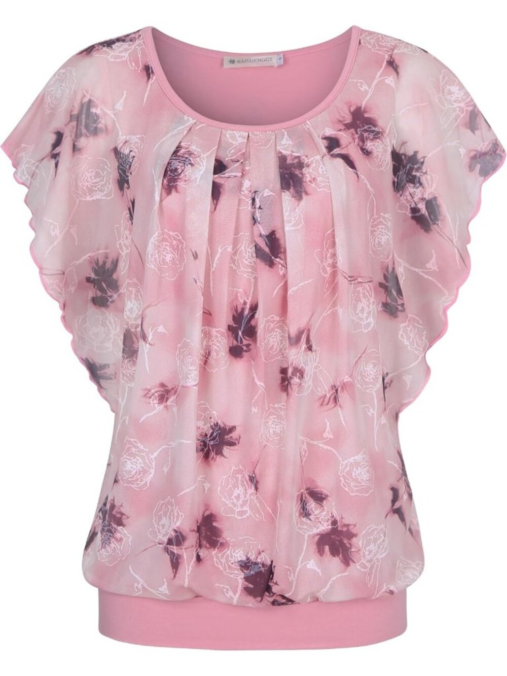 Women's Pink Floral Summer Tops Flutter Short Sleeve Casual Blouses Shirts